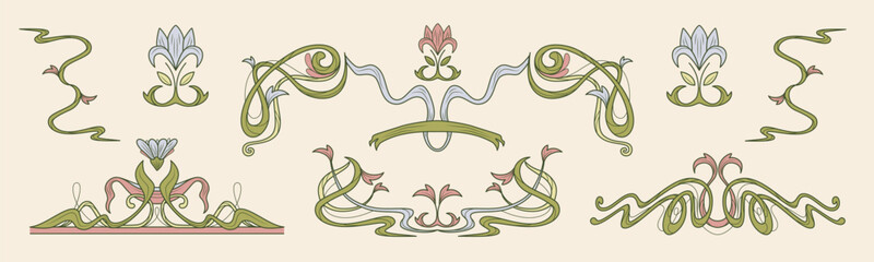 Art nouveau frame collection with flowing botanical ornaments and curved ribbons for vintage decoration or wedding design. Elegant borders with flowers and organic swirls for classic certificates