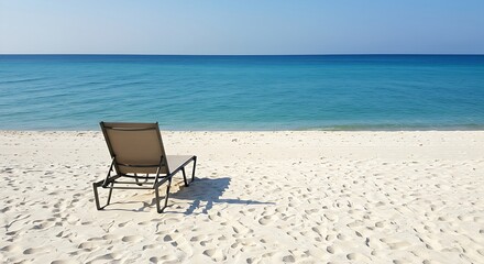 a single empty deck chair casting a long shadow on the bright, white sand during the late afternoon. The ocean is a calm, deep blue.