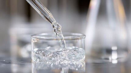 Close-up of a glass of water being poured from a pipette into a small glass. the pipette is transparent and the water is flowing from the top left corner of the image into the bottom right corner.