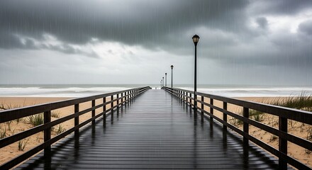 an empty beachfront boardwalk. The sky is dark and brooding, with heavy rain falling. The ocean is a churning, gray mass.
