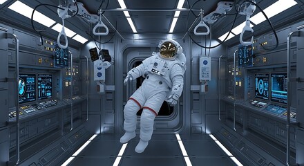 A lone astronaut is floating weightlessly inside the high-tech interior of a futuristic spaceship

