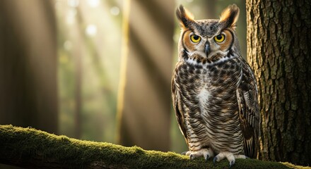 Fototapeta premium Great horned owl perched on a mossy branch in a sunlit forest during early morning