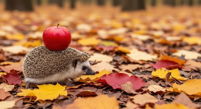 Hedgehog carries a red apple in a colorful autumn forest covered in fallen leaves - Powered by Adobe