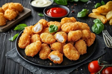 Fototapeta premium Fried Fish and Chips with Dipping Sauces, Basil Leaves, Composition chicken nuggets, sauces