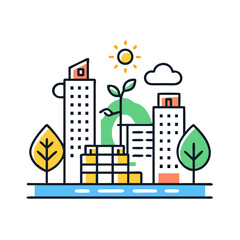 Stylized city skyline with green plant, sun, and cloud icons against a black background