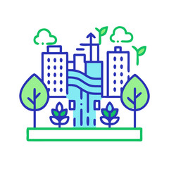 Sustainable city skyline graphic with trees, water, and greenery symbolizing environmental awareness and eco-friendly urban development