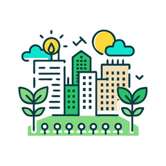 Eco-Friendly Cityscape Concept Illustration with Sprout and City Buildings on a Black Background