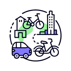 Sustainable urban transport options including car, bike, and infrastructure in a cityscape