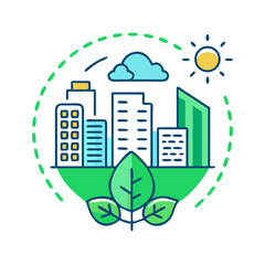 Green Cityscape with Leaves and Sun Design: Sustainable Urban Environment Concept Illustration