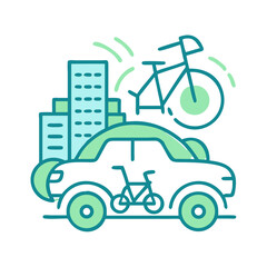 Illustration of Sustainable Urban Transportation Featuring a Car, Bicycle and City Skyline