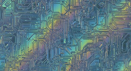 Intricate holographic circuit board pattern with vibrant blue, green, and yellow iridescent metallic textures, representing advanced technology and data flow