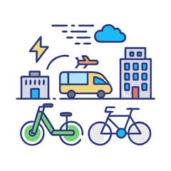 Urban transportation and city life illustration with bicycles, van, buildings and a plane