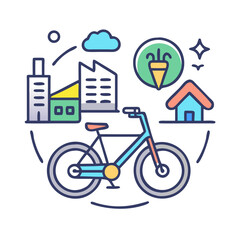 Sustainable Living Illustration with Bicycle and Green Energy Concept Against Black Backdrop