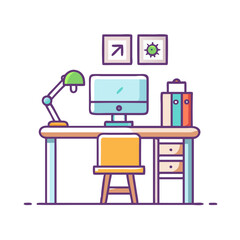 Modern desk setup with computer, lamp, and chair against a solid black background