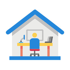 Work from home flat design icon showcasing remote work setup and office equipment