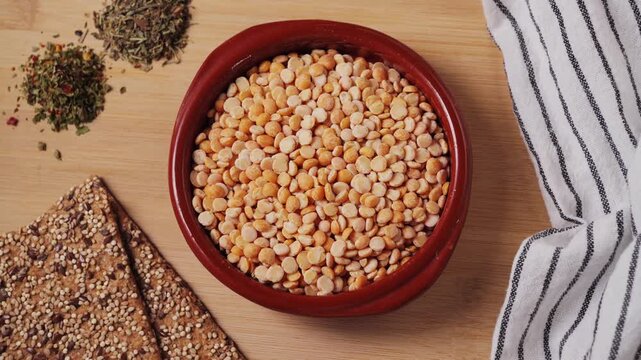 Dried yellow peas with spices close up. Healthy food concept. Healthy nutrition, vegan food. High quality 4k footage