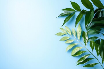 Fototapeta premium Minimalistic background with light blue gradient, green palm leaves creating Summer time vibes image, vacation