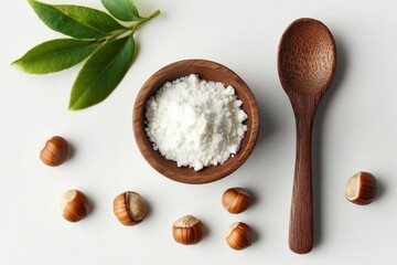 Minimalistic composition with wooden spoon, bowl of white powder, hazelnuts, Concept skin care cosmetics, Shea
