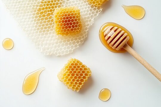 Minimalistic flat lay of honeycombs and wooden dipper on white background