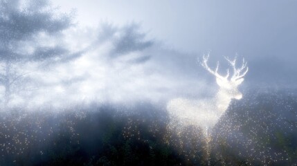 Digital art piece that appears to be a photograph of a deer standing in the middle of a forest. the deer is facing towards the right side of the image, with its head turned towards the left side.