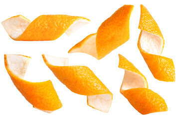 Citrus freshness design: levitating orange peel slices cut out for skincare and cosmetic mockups.