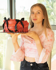 preteen girl 12 years old birthday celebration with cake and candles