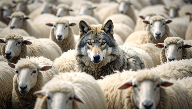 Wolf disguised as sheep among flock, surreal concept of deception and disguise. Animals concept. Detailed high quality image. 