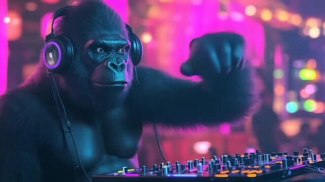 Funny gorilla DJ wearing headphones mixing music at party in neon nightclub with colorful light background