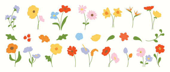 Cute flower elements vector set. Collection colorful floral of wildflower, leaf branch, foliage on white background. Hand drawn blossom illustration for decor, easter, thanksgiving, clipart.