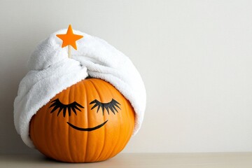 Spooky Halloween pumpkin with painted face and star toothpick, wrapped Spa concept on gray