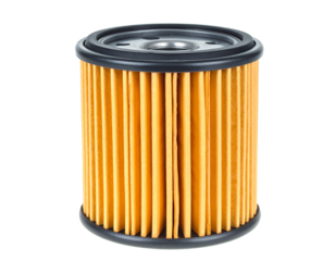 A single yellow car engine oil filter, isolated on a white background, automotive spare part.