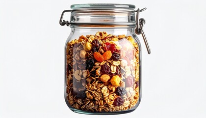 Clear glass jar with metal clasp filled with granola—detailed food visual for culinary branding, editorial, or packaging design.