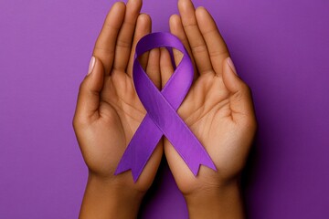 Supporting Breast Cancer Awareness: Hands Holding Heart-Shaped Purple Ribbon on The concept of eliminating violence against