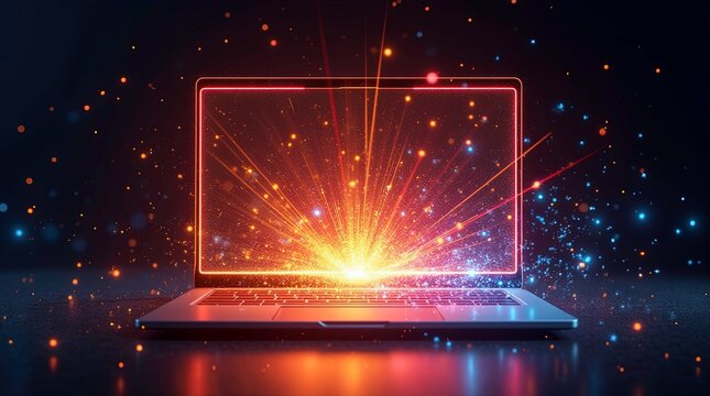 futuristic laptop glowing with neon lights emitting streams of vibrant energy and particles ai generative - Powered by Adobe
