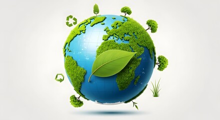 A verdant green earth globe with a single leaf symbolizes the concept of a sustainable eco-friendly planet
