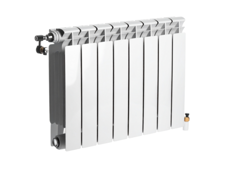 A car radiator with multiple fins, isolated on a white background, automotive component.