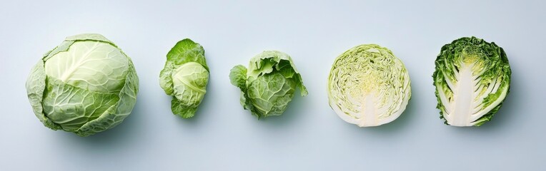 Fototapeta premium Varieties of Fresh Cabbage Arranged on Blue Background, One Whole green white