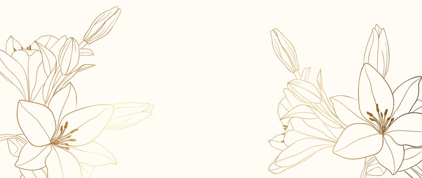 Gold lily flower hand drawn on beige background vector. Natural botanical elegant floral with gold line art. Luxury illustration for decoration, wall decor, wallpaper, cover, banner, package, card.