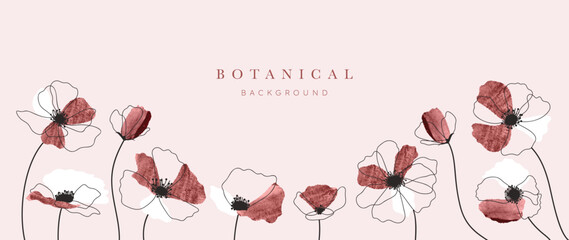 Red flower hand drawn on pink background vector. Natural botanical elegant floral with black line art and watercolor texture. Luxury illustration for wall decor, wallpaper, cover, banner, package.