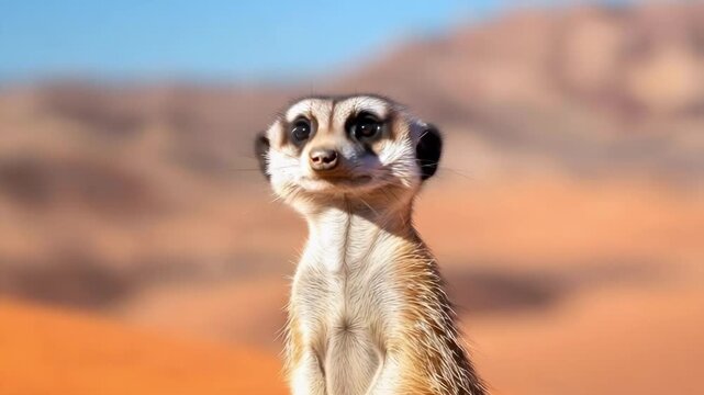 A meerkat stands upright on its hind legs in a desert landscape with a blue sky.