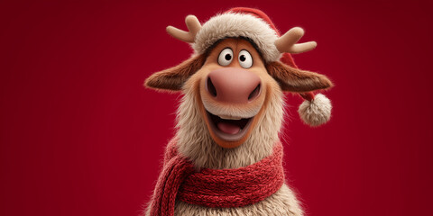 Close-up, portrait of a cute smiling cartoon character of reindeer wearing a Santa Claus costume and red wool scarf while looking at camera against a red background with copy space. Generative Ai.