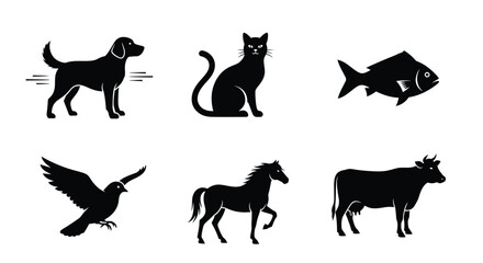 Silhouette icons of various animals including dog, cat, fish, bird, horse, and cow.