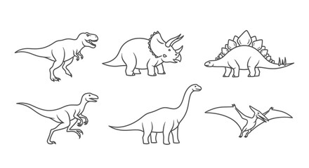 A collection of six different dinosaur illustrations in a simple line art style.