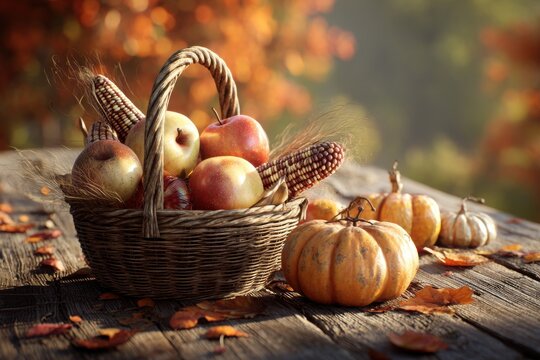 basket filled with fresh apples, pumpkins, and corn placed on rustic wooden table outdoors, autumn leaves scattered around, warm sunlight, no text.