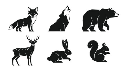 Naklejka premium Silhouette icons of various forest animals, including fox, wolf, bear, deer, rabbit, and squirrel.