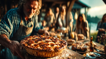 Man Serves Homemade Pie at Outdoor Summer Party with Friends and Table Setting