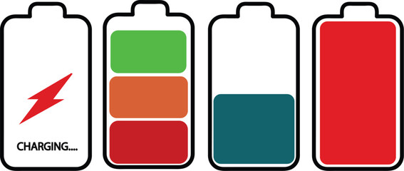 Battery charging icons set with  energy levels in green, orange, teal, and red plus lightning bolt symbol. Modern vector style for power, electricity, and technology themes. Perfect for apps