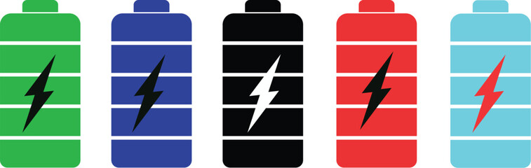 battery icons set with lightning bolt symbols in green, blue, black, red, and cyan. Perfect vector design for energy, charging, and electricity concepts. Ideal for apps, web, and digital 