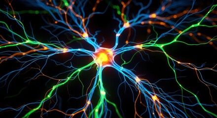 A glowing central cell structure with numerous intricate blue green and orange branches against a dark background showing bright pulses