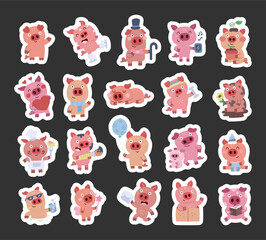 Pig character set in scandinavian style with charming emotions and many different poses including birthday celebration, valentine, cooking, reading, sport, family moments, summer vacation
